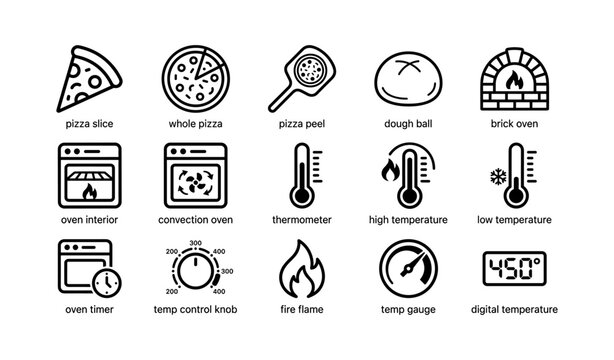 Pizza and oven icons illustrating baking tools and temps