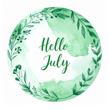 Hand drawn watercolor circle in soft sage and emerald green tones with elegant Hello July calligraphy text, white background, natural bleeding edges