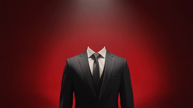 Conceptual image of a sophisticated empty suit for a virtual or digital presence on a vibrant red background.