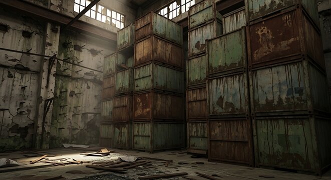 Abandoned industrial warehouse interior with containers.