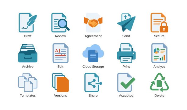 Document icons showing workflow actions and file management grid