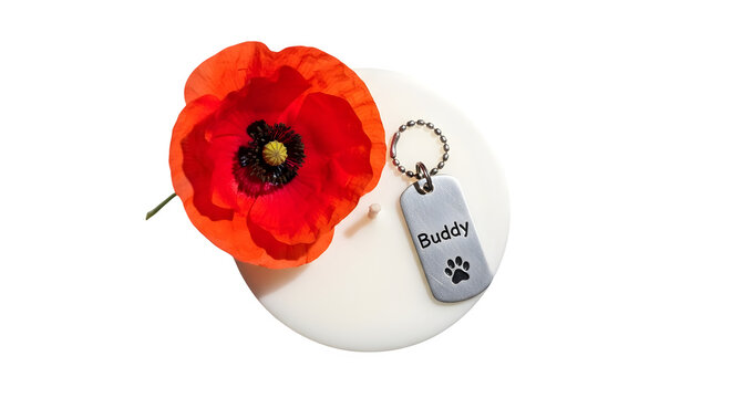 A red poppy flower and dog tag keychain on a white surface