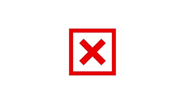 red wrong incorrect cross square pop up animated in a red square box isolated on an alpha channel, white and green screen layer 4K animation for rescaling resizing & repositioning simple animation