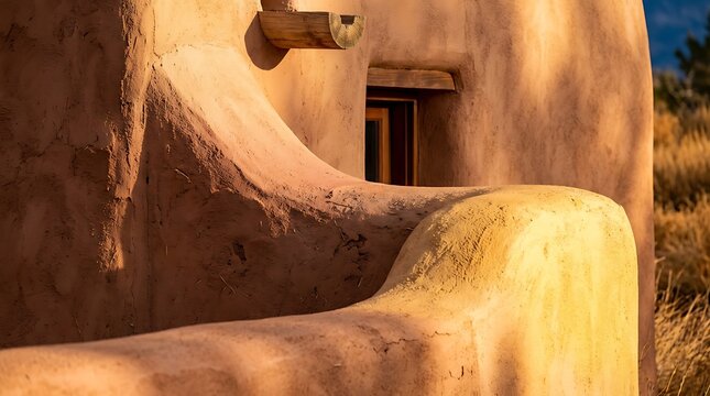 Adobe Architecture in the Warm Light: An adobe structure bathed in warm sunlight, showcasing the unique textures and forms of traditional Southwestern architecture.
