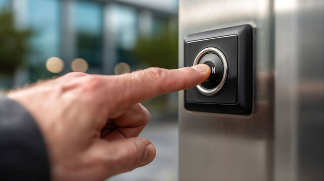 Finger Pressing Modern Doorbell Button on Smart Home Entrance Panel
