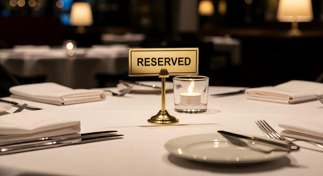 Gold reserved sign on a white tablecloth in a luxury restaurant with candle light