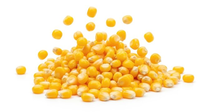 A pile of fresh yellow corn kernels isolated on white background