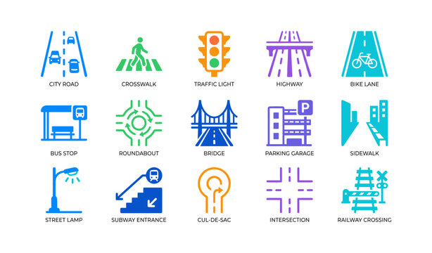 Road and transport icons with white background and labels