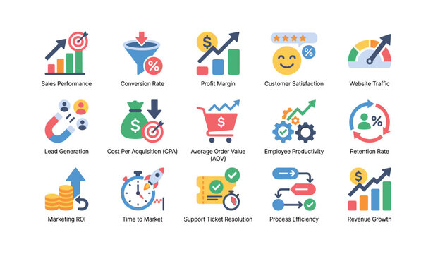 Business metric icons displaying performance indicators on white