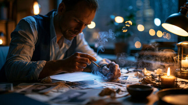 Detective studies evidence on a chaotic desk strewn with photographs and cigarette smoke by a rain soaked neon city window in a moody noir scene