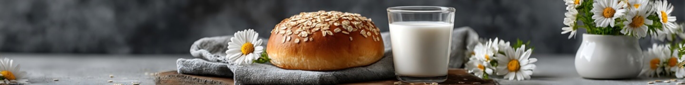 Oat topped bun and glass of cold milk resting on rustic linen cloth with white chamomile flowers set against dark textured surface for a healthy morning breakfast scene