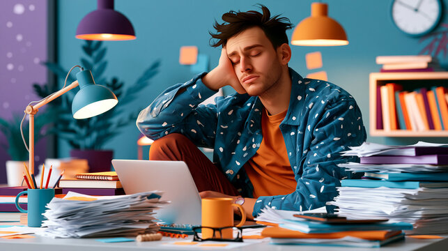Exhausted student sitting at a cluttered desk surrounded by unfinished papers and homework, staring into space while studying in a realistic procrastination moment