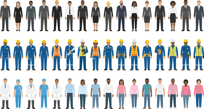 Large Set of Diverse People Characters in Various Professional Uniforms Including Business Suits Industrial Safety Gear and Medical Scrubs