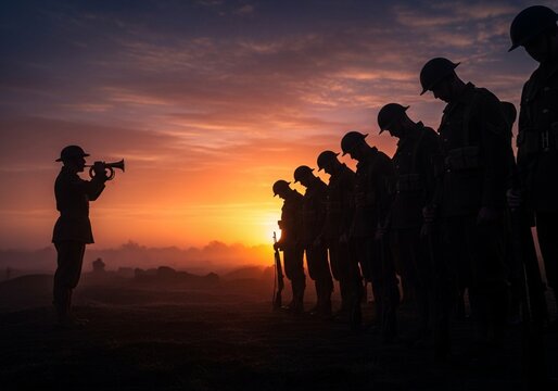 Silhouette of Soldiers with Bowed Heads at Sunrise and Bugler Playing Last Post Tribute