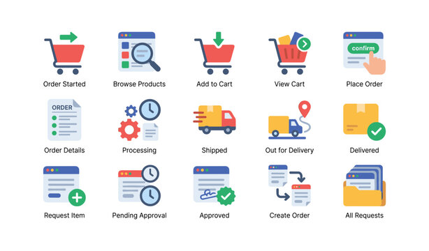 Order processing and delivery icons arranged in grid on white