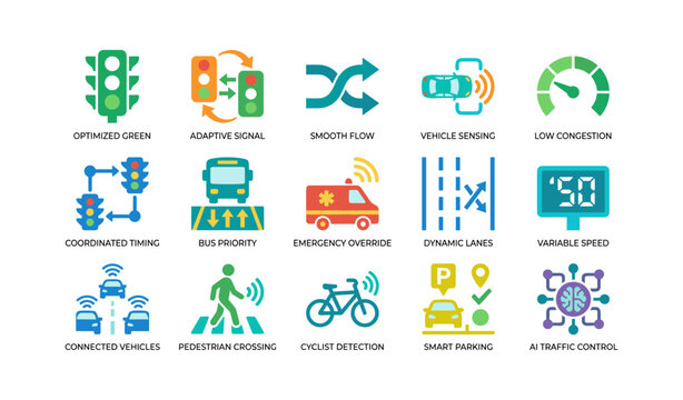 Traffic control icons showing smart intersection and mobility features