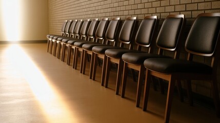 Fototapeta premium Row of empty wooden chairs with black cushions arranged against brick wall in minimalist waiting room with sunlight streaming through window creating warm atmosphere