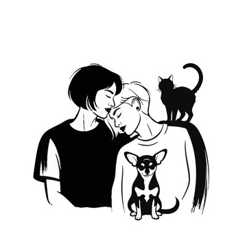 Affectionate couple with a cat and dog. Hand-drawn vector illustration of love and companionship. Modern diverse family with pets
