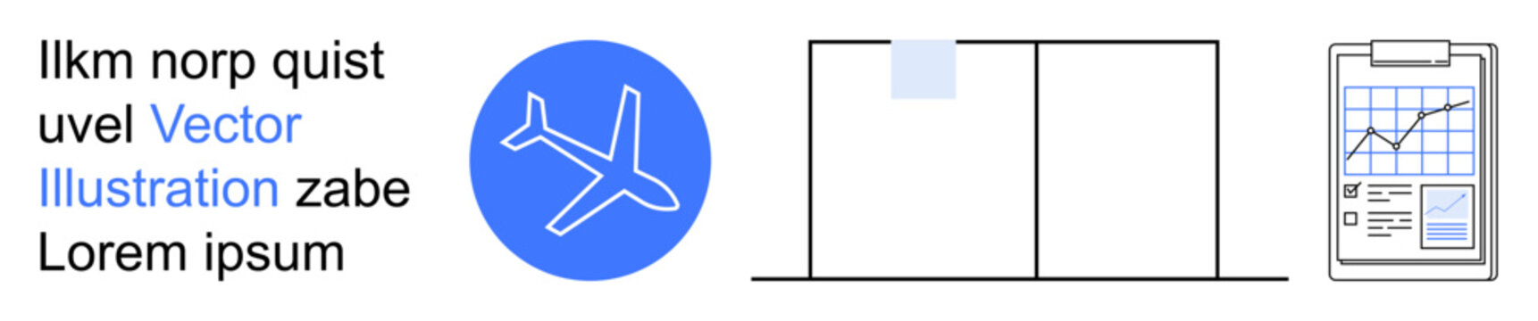 Travel planning, data analytics, business tools, global connectivity, user interface design, presentation layouts. Airplane symbol, split-screen design and analytics clipboard. Travel planning