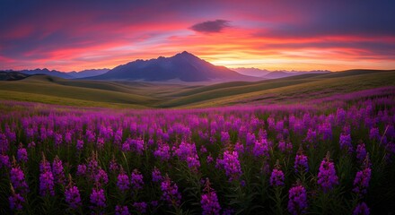 Obraz premium Stunning landscape with a field of purple wildflowers in the foreground and majestic mountains under a vibrant fiery sunset sky