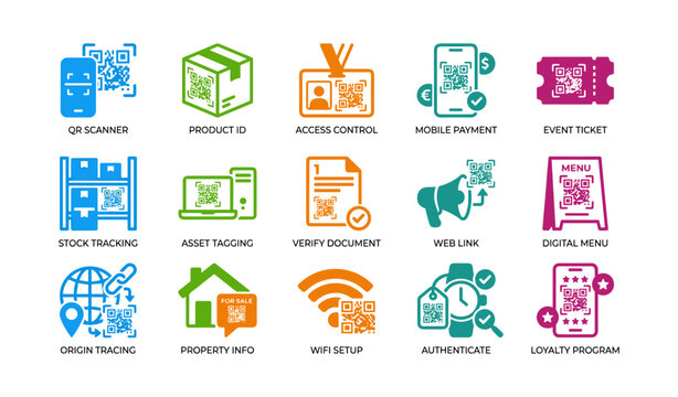 Qr code and tagging icons showing payment and tracking applications