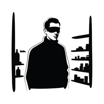 Blindfolded man in a store aisle. Blind consumerism and uninformed choices concept. Vector graphic illustration