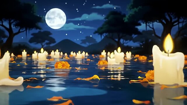Night water with glowing candles, marigolds and a full moon in cartoon style