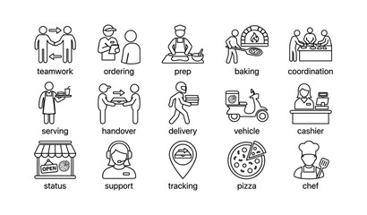 Fototapeta premium Food delivery and kitchen icons showing ordering and preparation