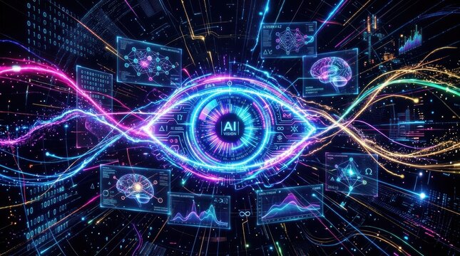 A vibrant, futuristic digital artwork depicts an eye overlaid with complex data streams and holographic displays.