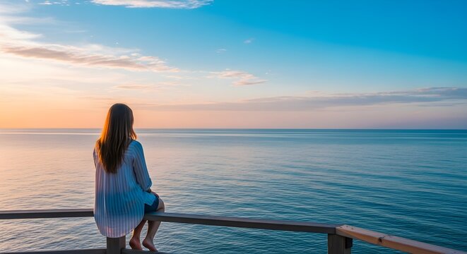 Woman sitting on a wooden railing looking at the ocean at sunset