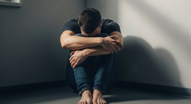 Sad man sitting alone in darkness.