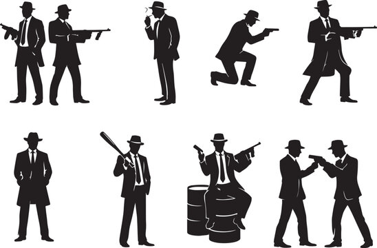 Vintage gangster silhouettes set, retro mafia mobster characters with guns and fedoras, noir style criminal underworld vector illustrations