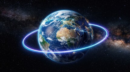 Naklejka premium A vibrant, digitally rendered image showcases Earth rotating in space, encircled by a luminous, blue ring of interconnected data streams.