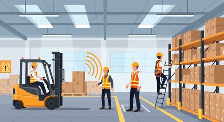 Warehouse Safety: Forklift and Workers with Safety Zone Technology © Arana