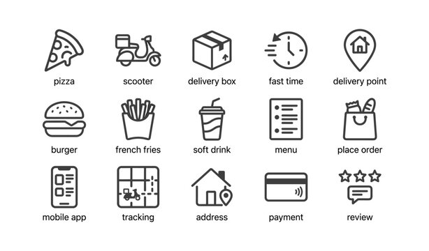 Food delivery icons showing menu items vehicles and tracking markers