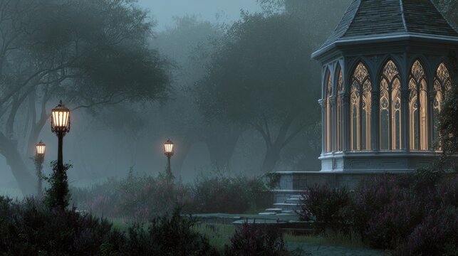Mysterious gazebo shrouded in fog, illuminated by antique lanter