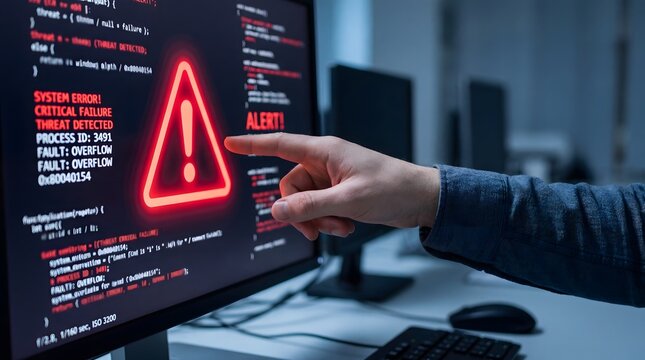 Person pointing at computer screen with critical system error alert message on monitor