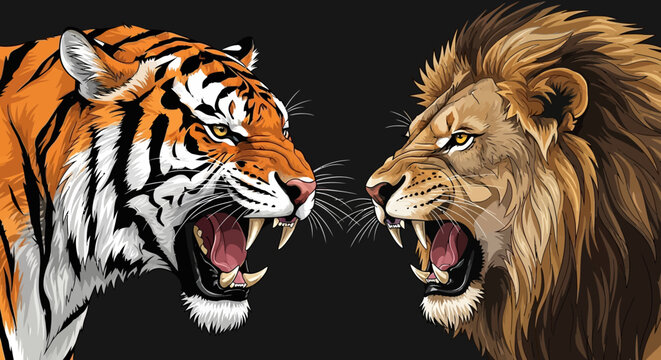 A tiger and lion face off in a fierce confrontation on a black background.