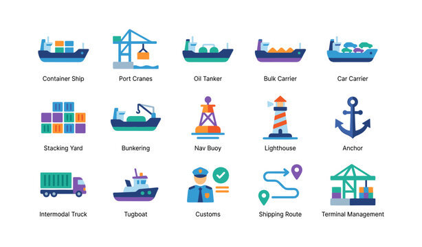 Maritime and port operations icon set on white background