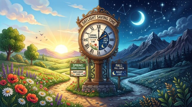 A stylized illustration depicts the transition between Daylight Saving Time and Standard Time.