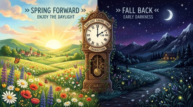 A colorful illustration promotes the spring forward and fall back daylight saving time transitions.