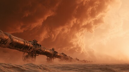 Fototapeta premium Pipeline stands in a desert landscape during a sunset with clouds and dust rising in the background
