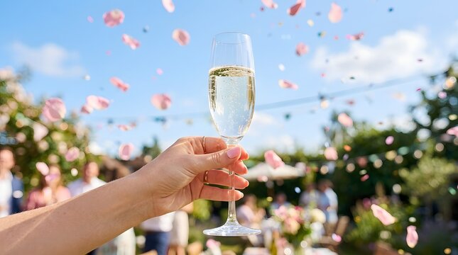 Hand holding champagne glass at outdoor celebration with confetti