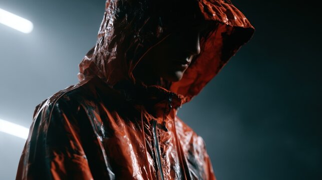 Person wearing a red rain jacket in a dark space with lights showing outlines and a misty background