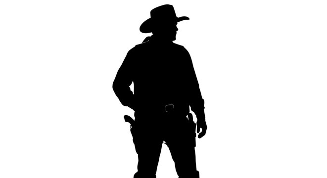 Vector illustration of a cowboy silhouette standing with hat and gun holsters isolated on white background