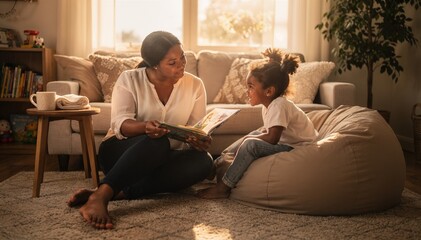 Obraz premium A loving black mother tenderly embracing her young child in a sun-drenched outdoor setting, capturing a moment of pure maternal affection and deep connection amidst soft natural lighting.