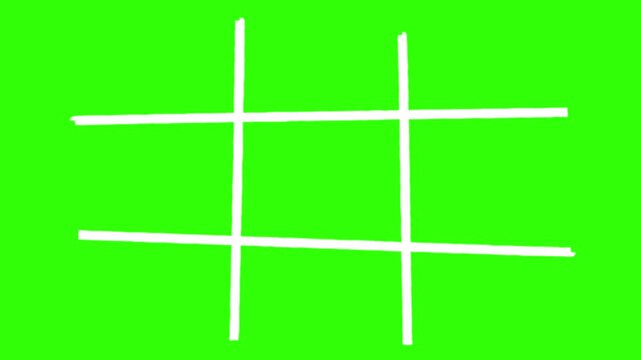 hand drawn tic-tac-toe noughts and crosses 3x3 sketchy nine square grid, shaking and quaking white pen lines markings isolated design element on chroma key green screen background 4K