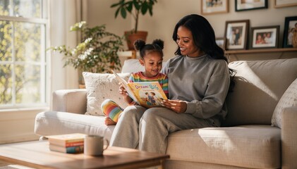 Obraz premium An African American mother and her young daughter sitting on a comfortable couch in a sunlit living room, reading a children's book titled 