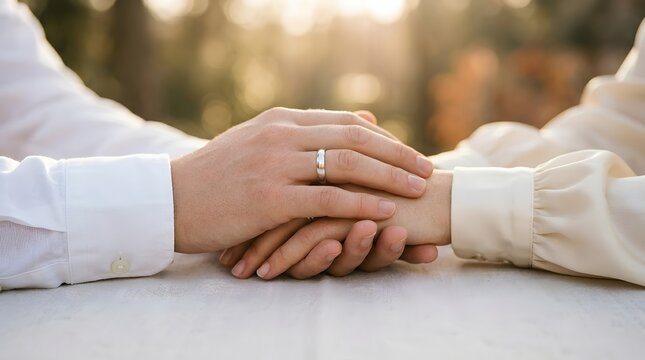 Close-up of couple holding hands with engagement ring outdoors