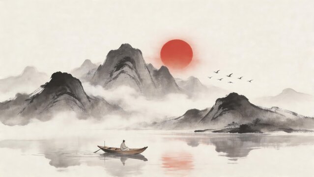 Person in boat on calm lake with mountains